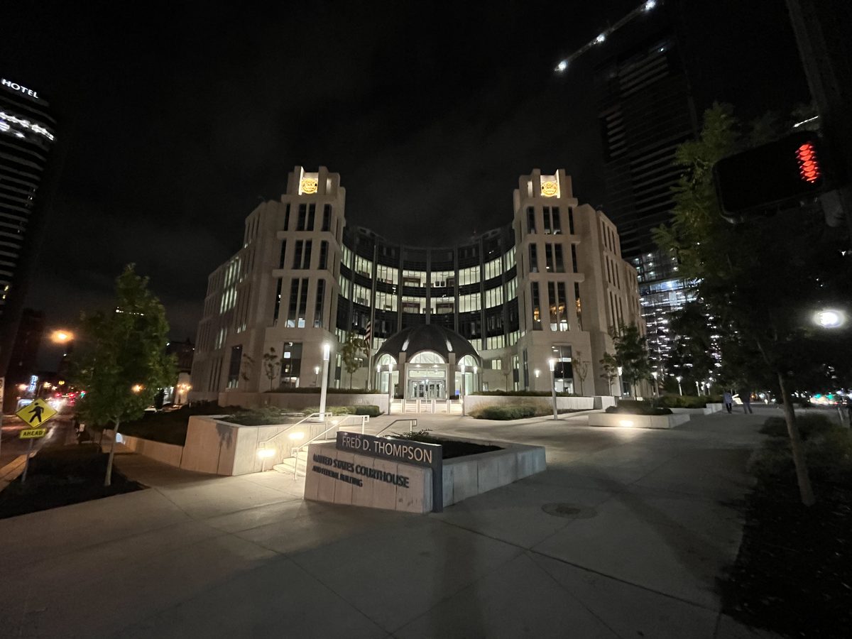 The Fred D. Thompson U.S. Courthouse in Nashville at night