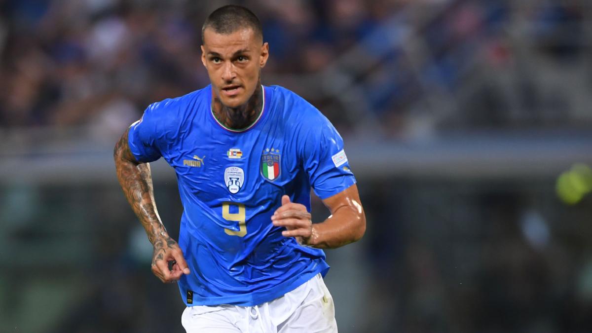 Gianluca Scamacca in the Italy shirt