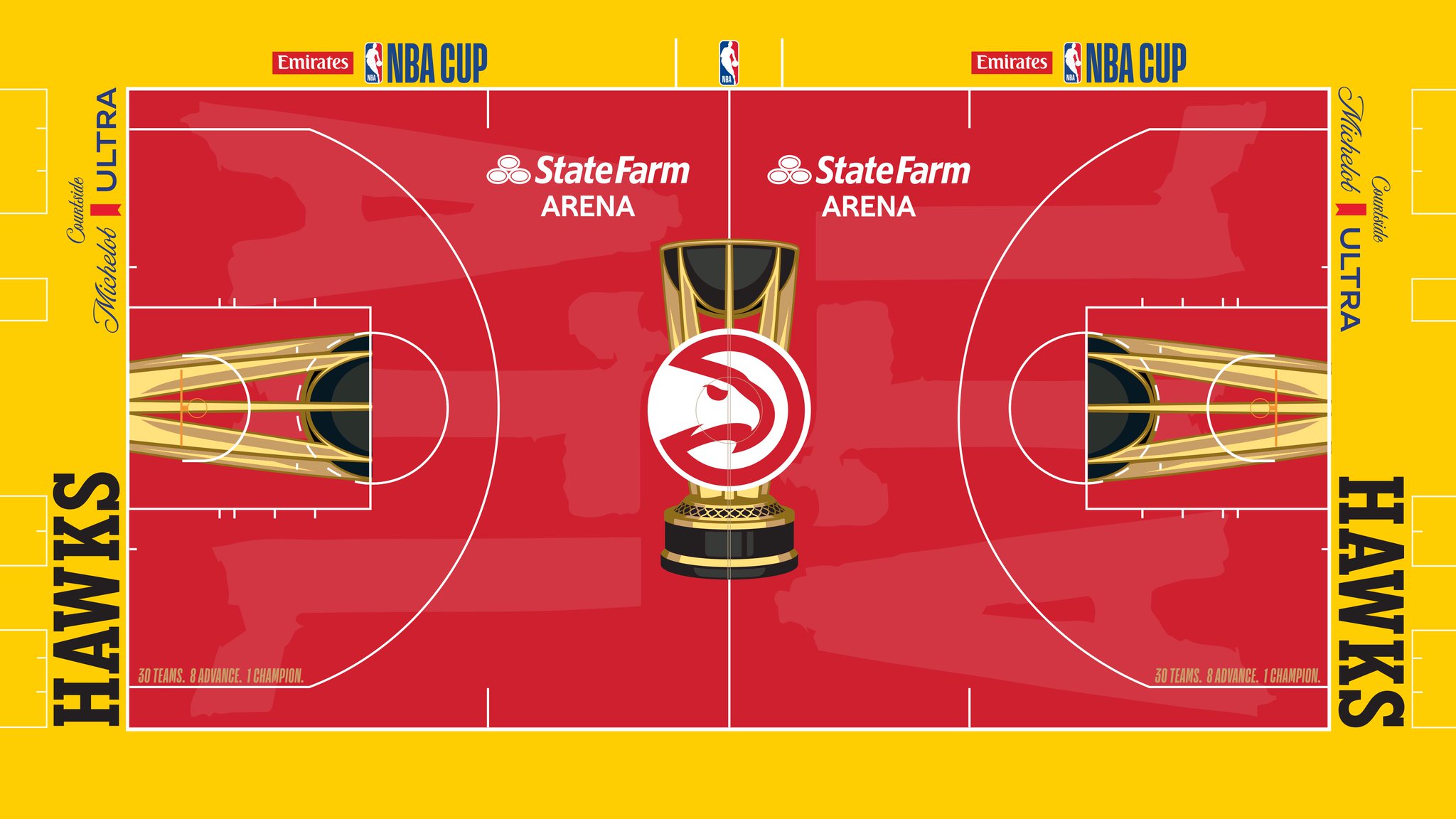 The Atlanta Hawks 2026 Emirates NBA Cup court — red floor with a yellow apron and the Hawks logo inside the Cup trophy at center court.