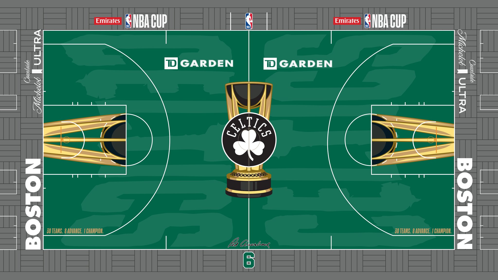The Boston Celtics 2026 Emirates NBA Cup court — kelly-green floor with the parquet pattern printed on the grey apron and the Celtics shamrock inside the Cup trophy at center court.