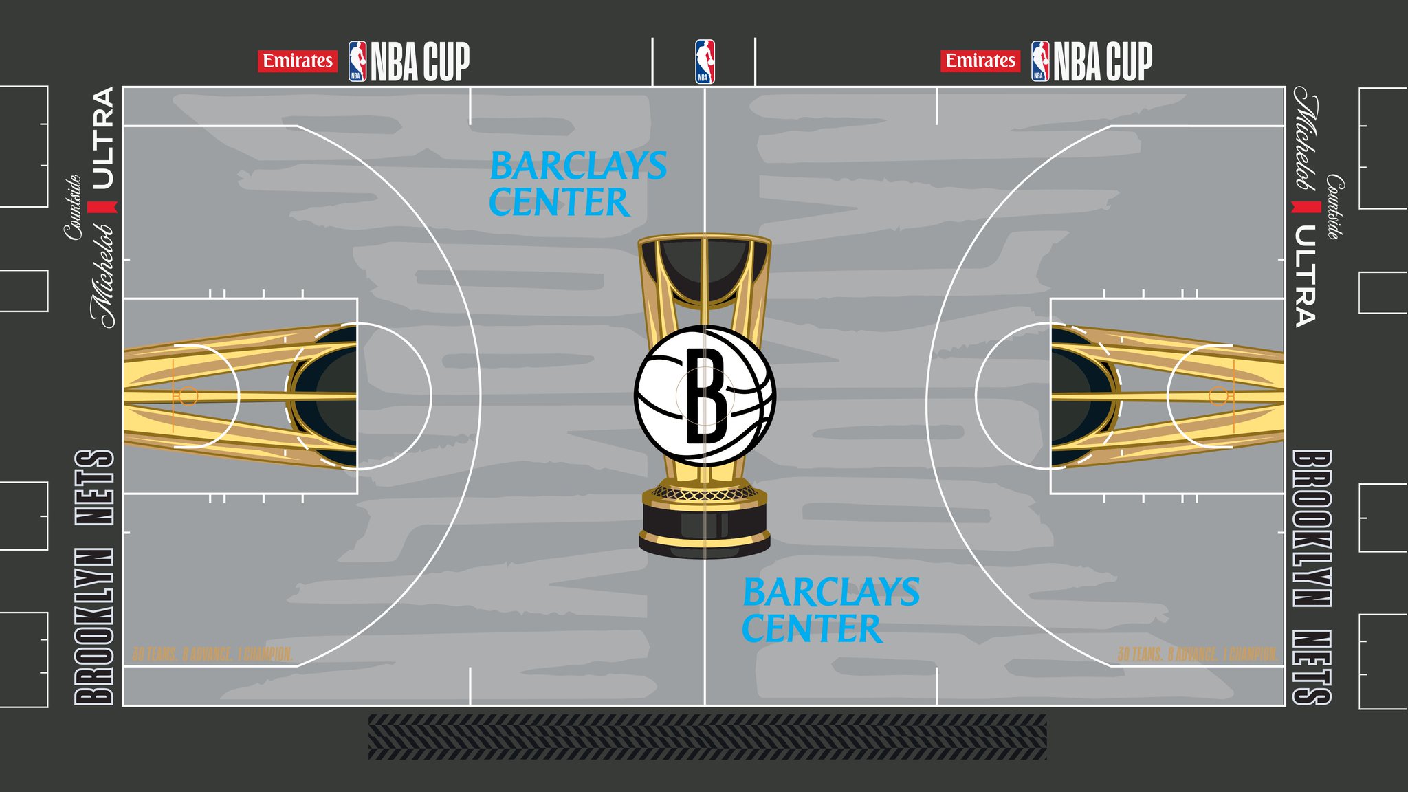 The Brooklyn Nets 2026 Emirates NBA Cup court — grey floor with a grey apron and the Nets B logo inside the Cup trophy at center court.