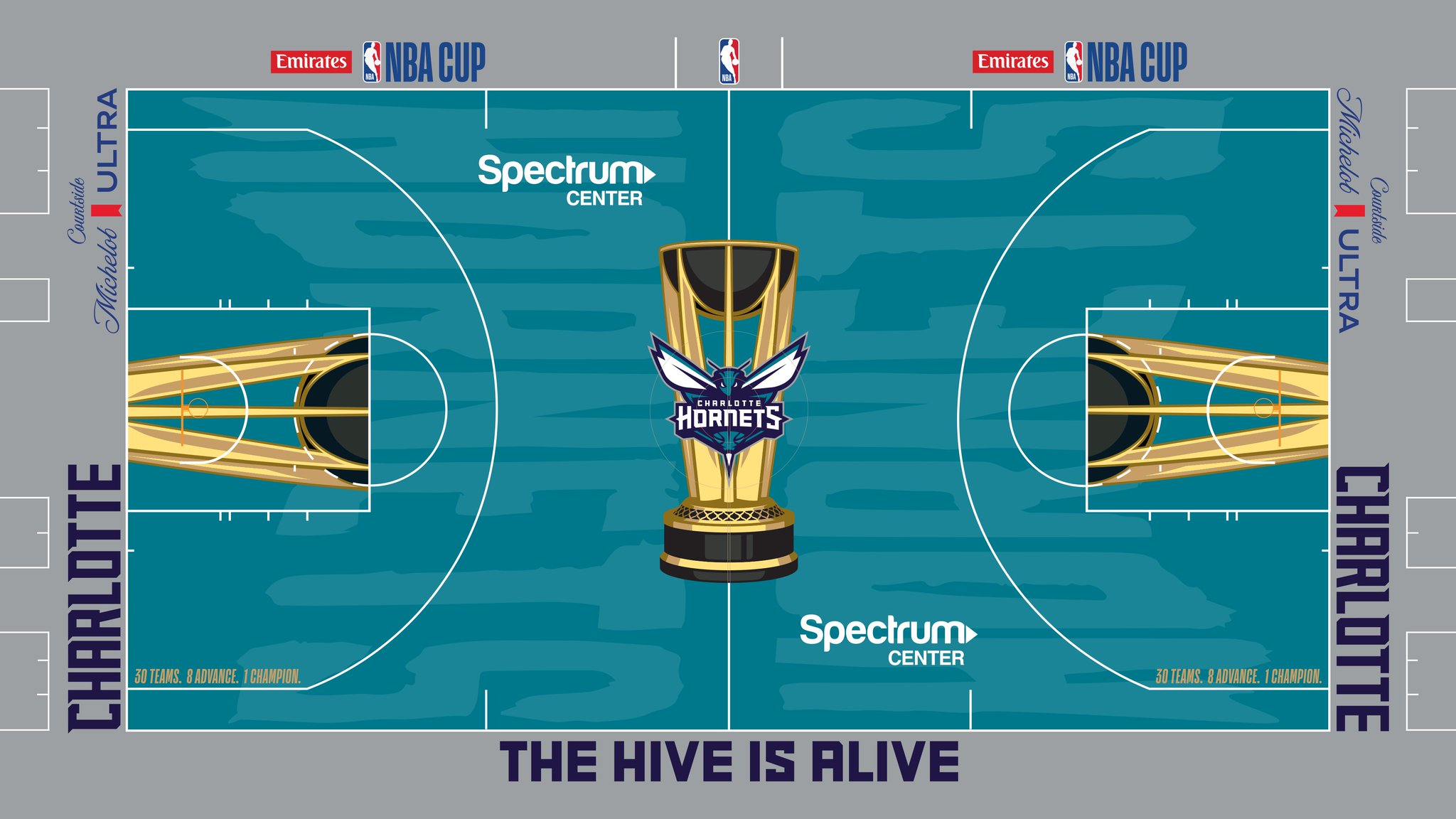 The Charlotte Hornets 2026 Emirates NBA Cup court — full teal floor with 'The Hive Is Alive' along the baseline and the Hornets logo inside the Cup trophy at center court.