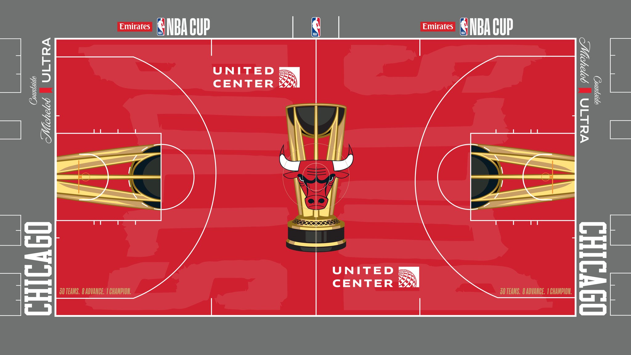 The Chicago Bulls 2026 Emirates NBA Cup court — classic red floor with the Bulls head logo inside the Cup trophy at center court.