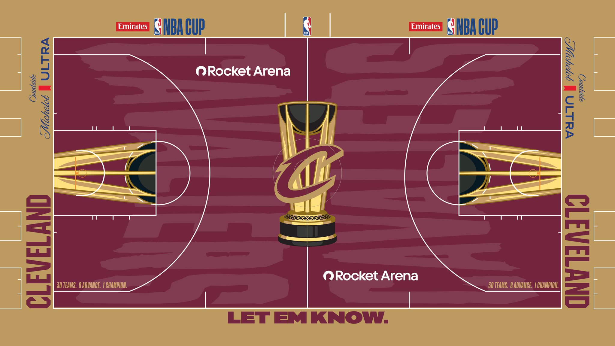 The Cleveland Cavaliers 2026 Emirates NBA Cup court — wine floor with a gold apron, 'Let 'Em Know' on the baseline and the Cavaliers C inside the Cup trophy at center court.