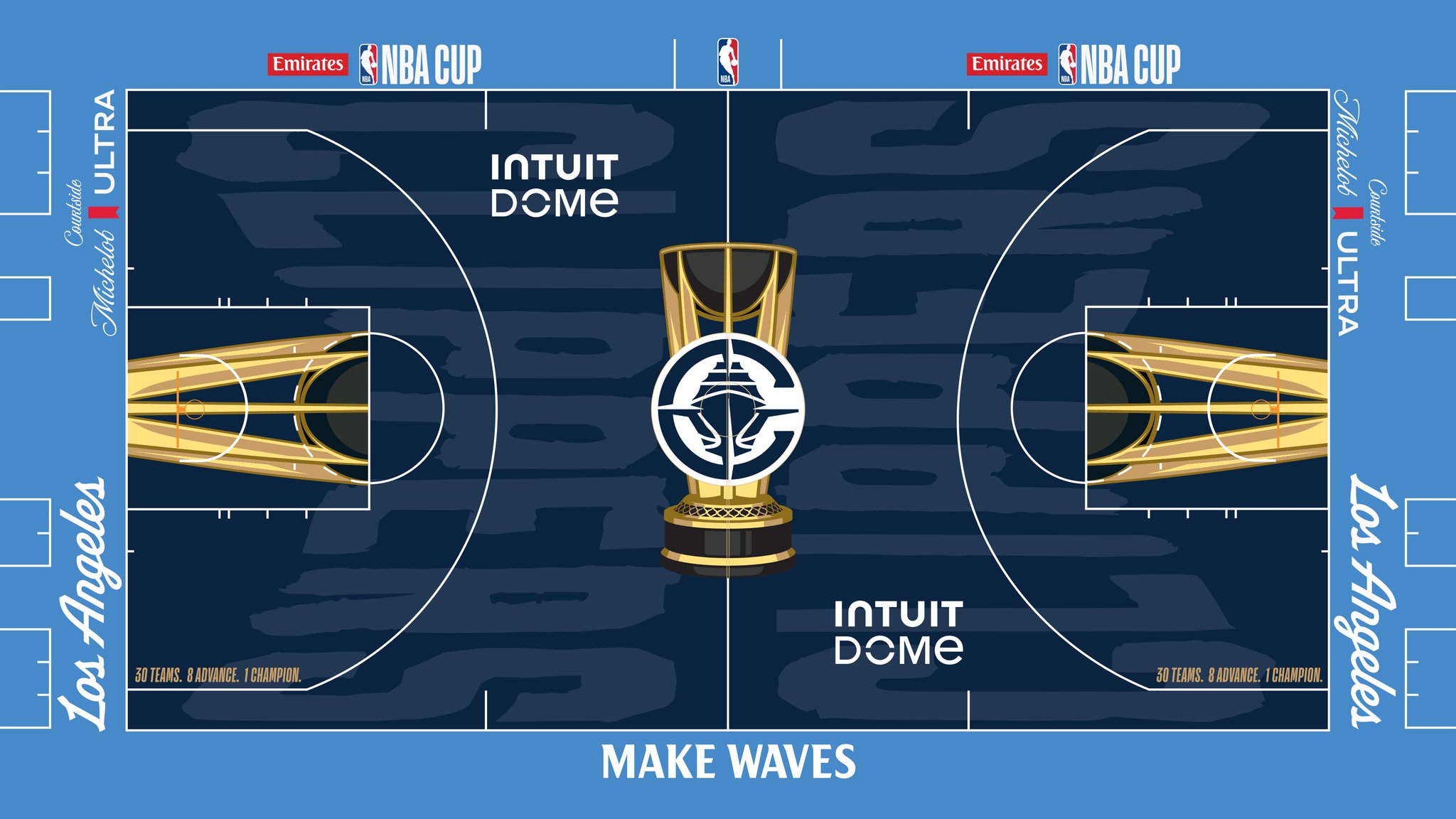The Los Angeles Clippers 2026 Emirates NBA Cup court — navy floor with 'Make Waves' on the apron, script 'Los Angeles' down the sidelines and the Clippers logo inside the Cup trophy at center court.
