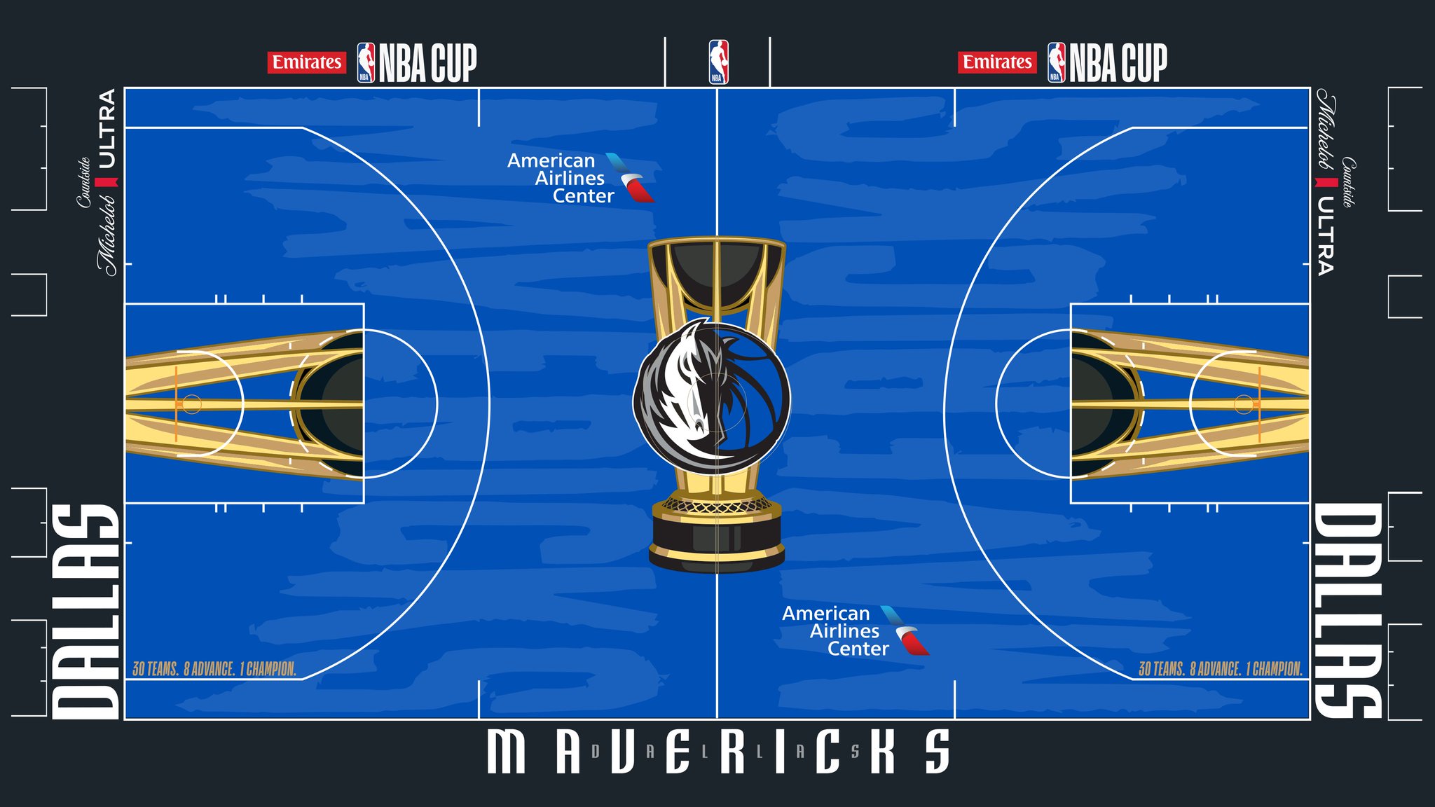 The Dallas Mavericks 2026 Emirates NBA Cup court — bright-blue floor with the Mavericks horse-head logo inside the Cup trophy at center court and 'Mavericks' across the baseline.