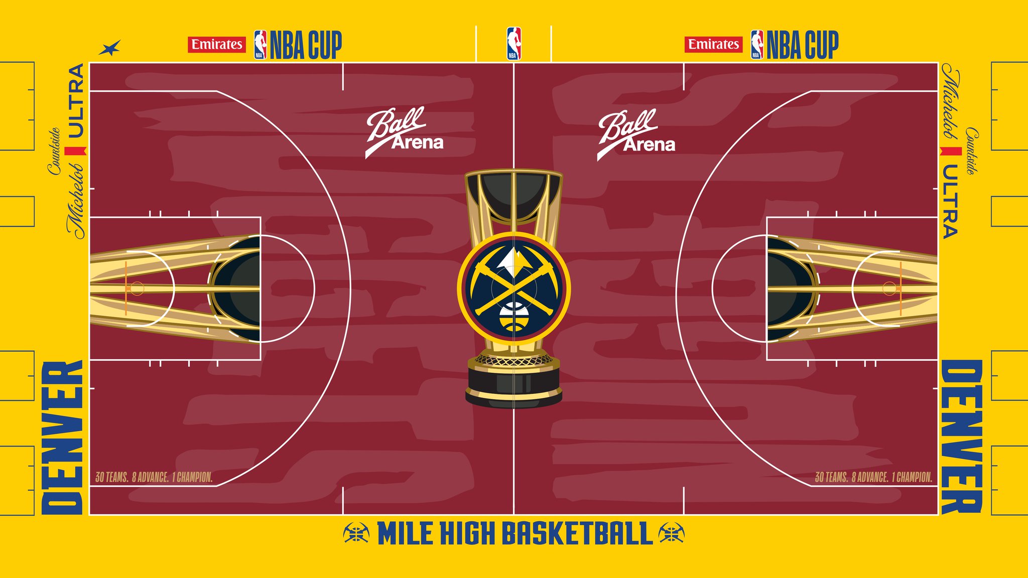 The Denver Nuggets 2026 Emirates NBA Cup court — maroon floor with a gold apron, 'Mile High Basketball' along the sideline and the Nuggets logo inside the Cup trophy at center court.