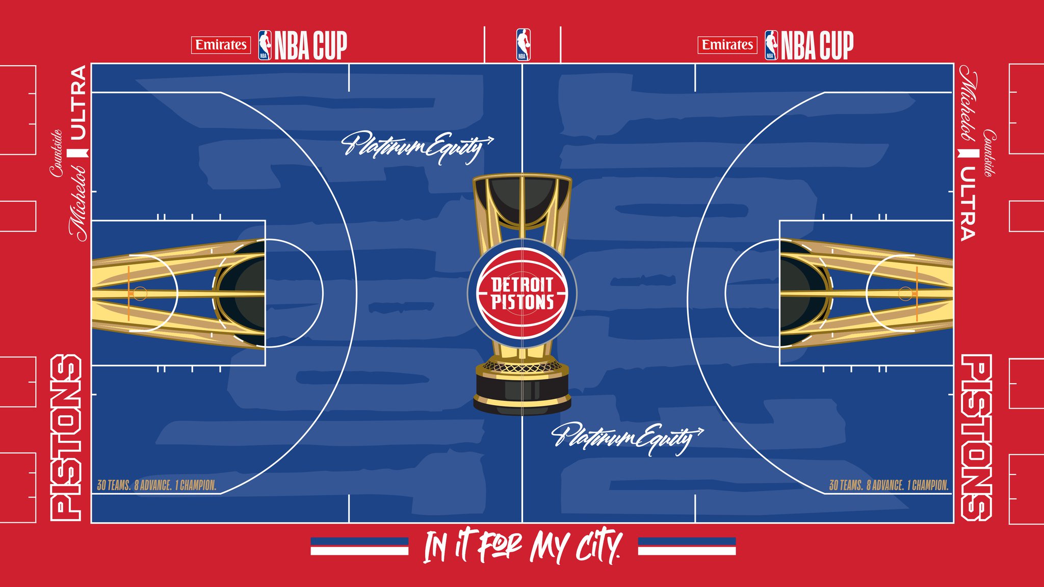 The Detroit Pistons 2026 Emirates NBA Cup court — blue floor with a red apron, 'In It For My City' on the baseline and the Pistons badge inside the Cup trophy at center court.
