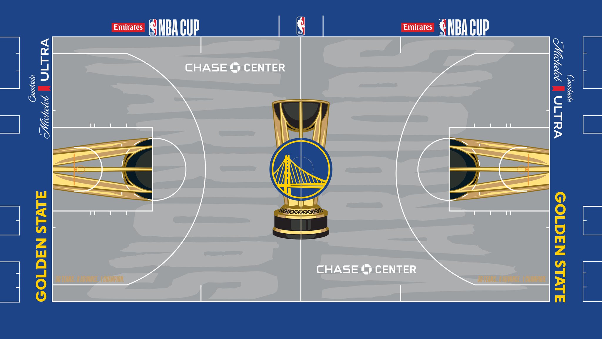 The Golden State Warriors 2026 Emirates NBA Cup court — grey floor with a blue apron and the Warriors bridge logo inside the Cup trophy at center court.
