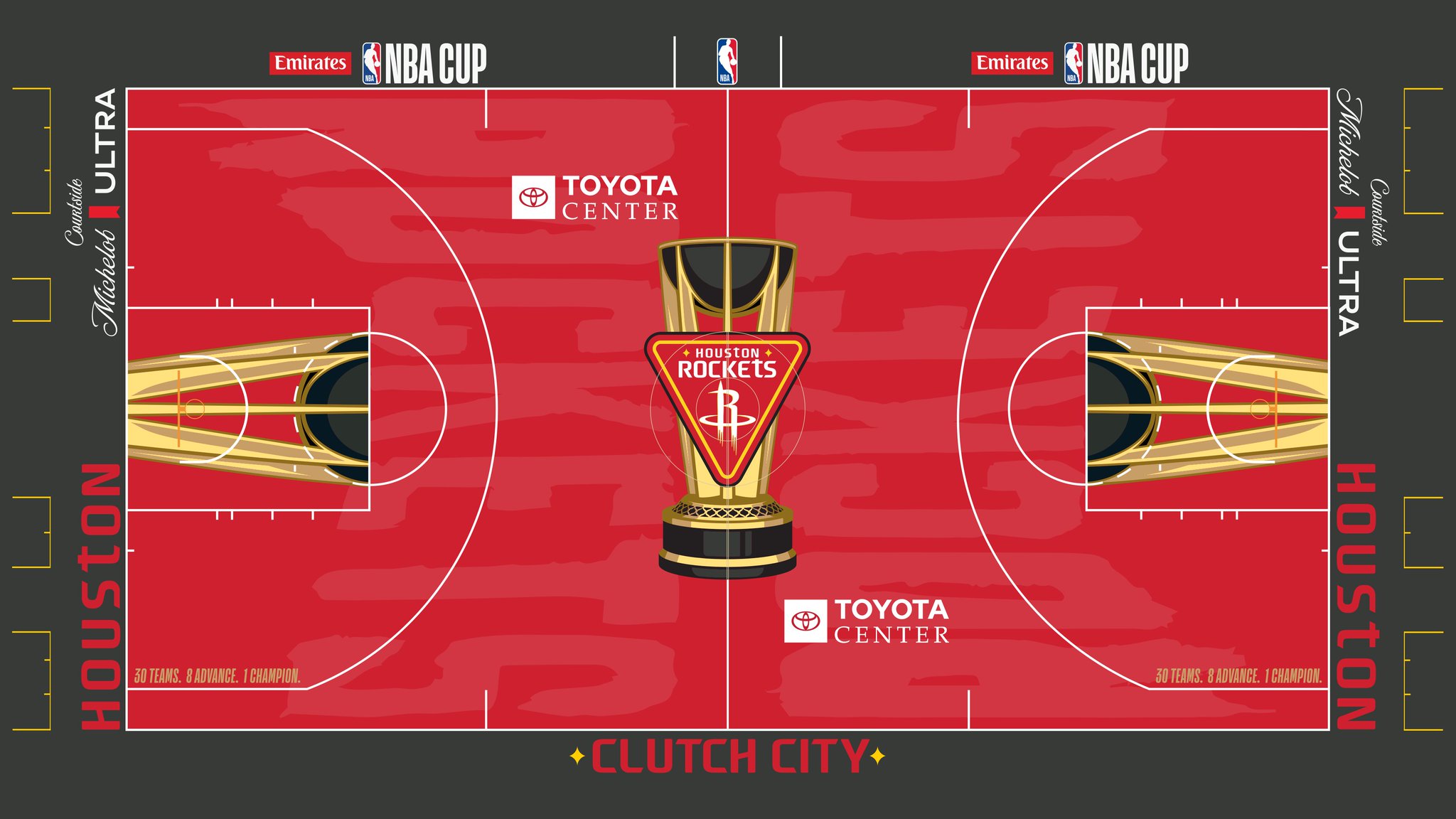 The Houston Rockets 2026 Emirates NBA Cup court — red floor with 'Clutch City' on the apron and the Rockets logo inside the Cup trophy at center court.