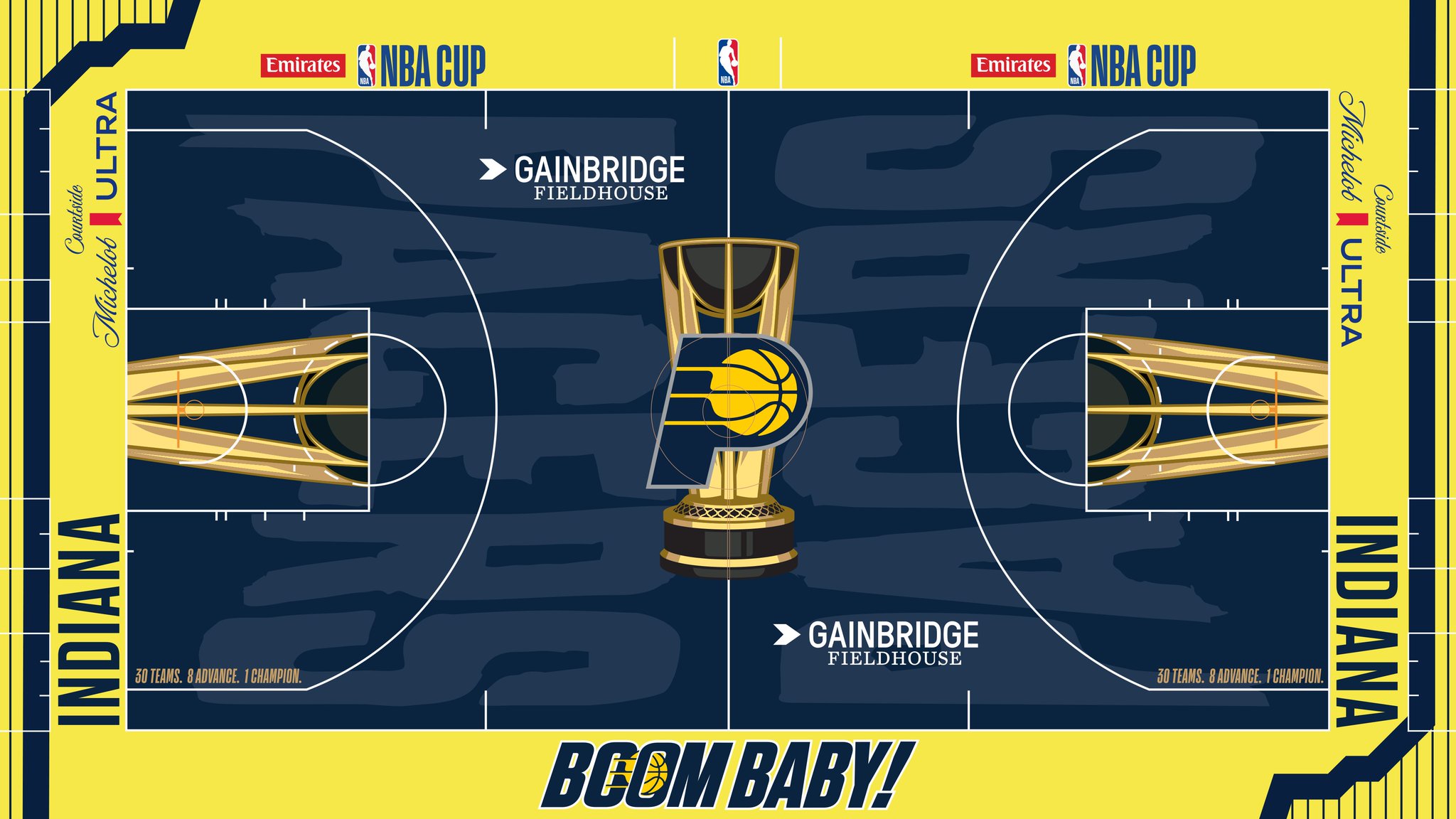 The Indiana Pacers 2026 Emirates NBA Cup court — navy floor with a yellow apron and 'Boom Baby!' across the baseline, the Pacers logo inside the Cup trophy at center court.