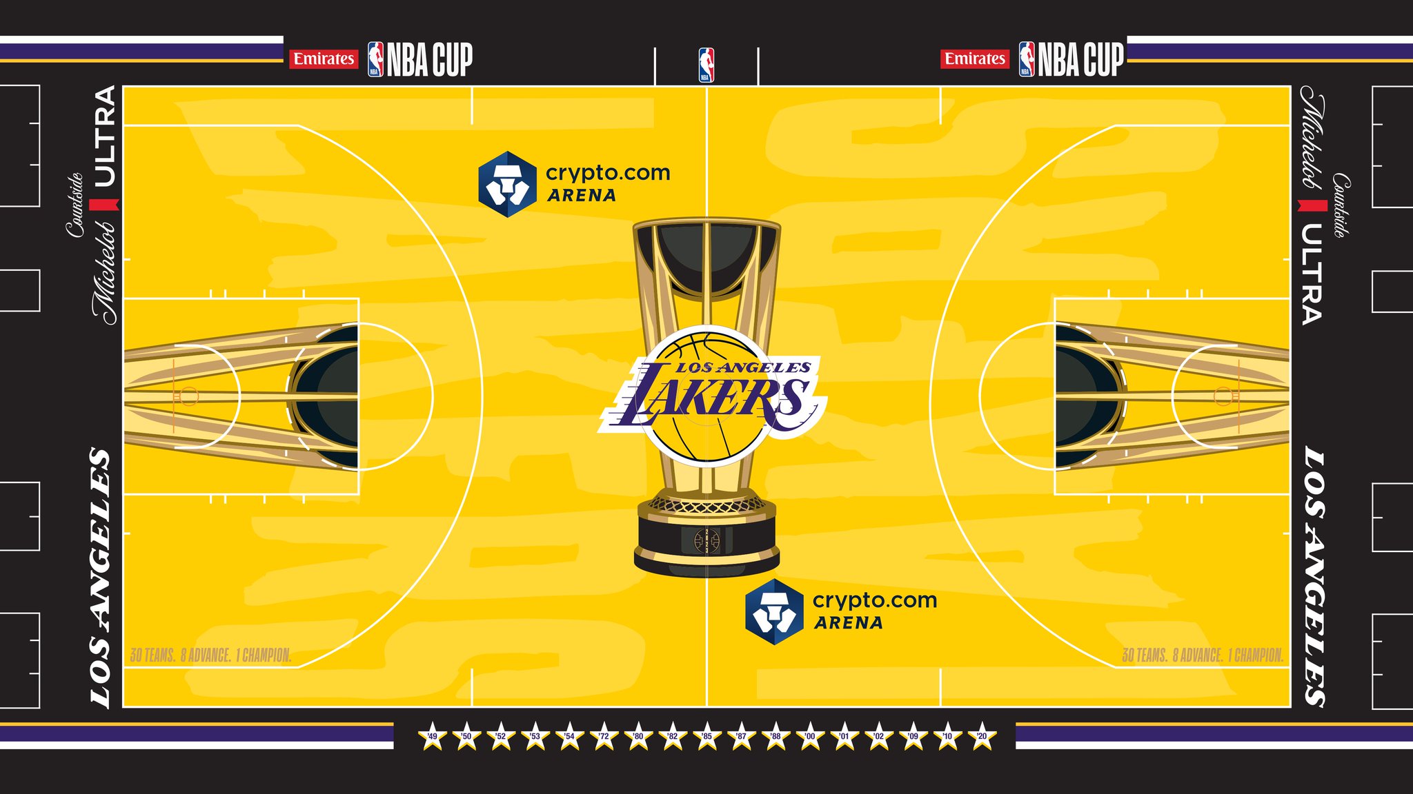 The Los Angeles Lakers 2026 Emirates NBA Cup court — wall-to-wall gold floor with 17 stars along the sideline and the Lakers logo inside the Cup trophy at center court.