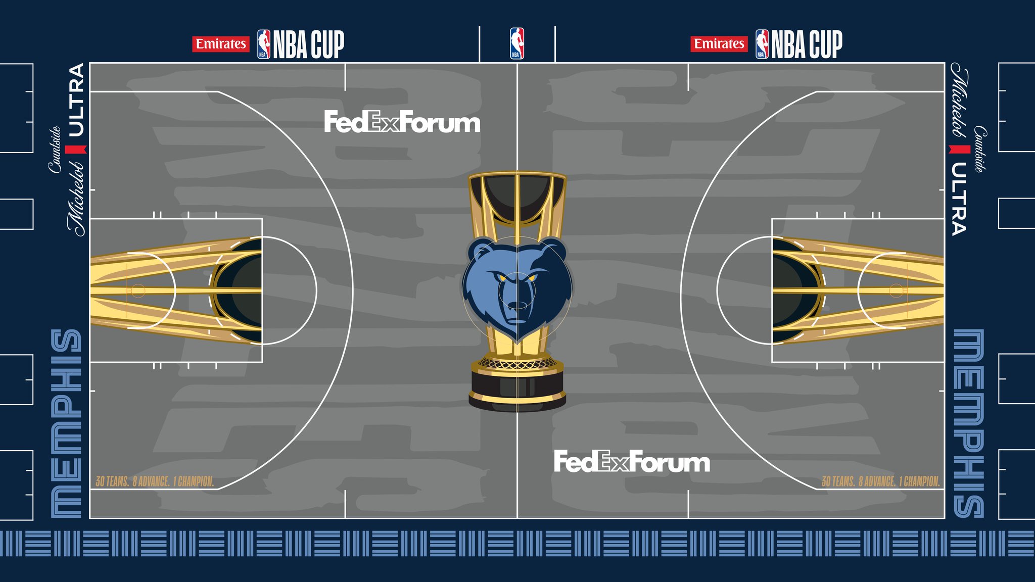 The Memphis Grizzlies 2026 Emirates NBA Cup court — grey floor with a muted blue apron and the Grizzlies bear logo inside the Cup trophy at center court.
