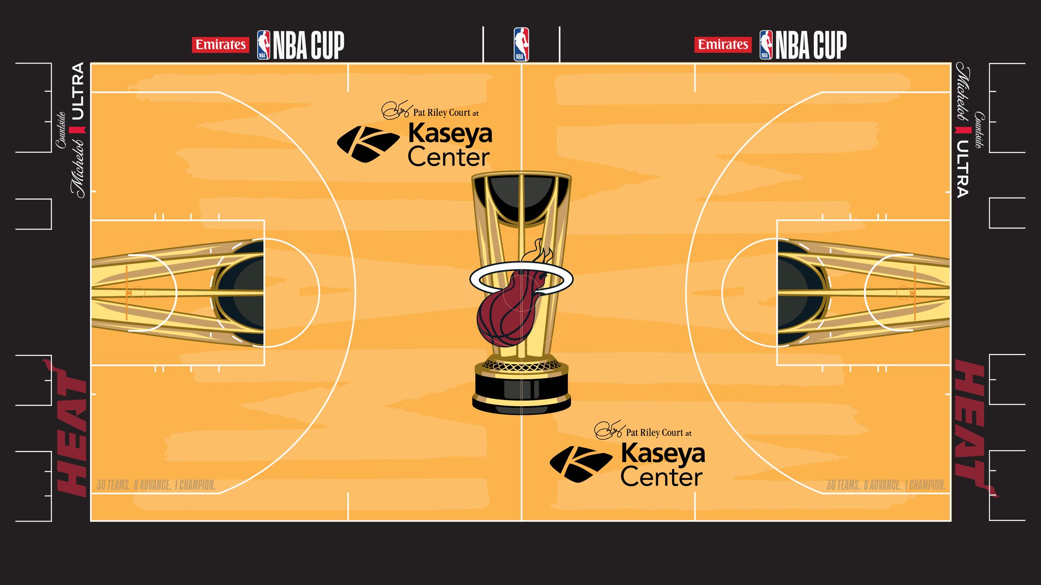 The Miami Heat 2026 Emirates NBA Cup court — peach-orange floor with a black apron and the Heat flame logo inside the Cup trophy at center court.