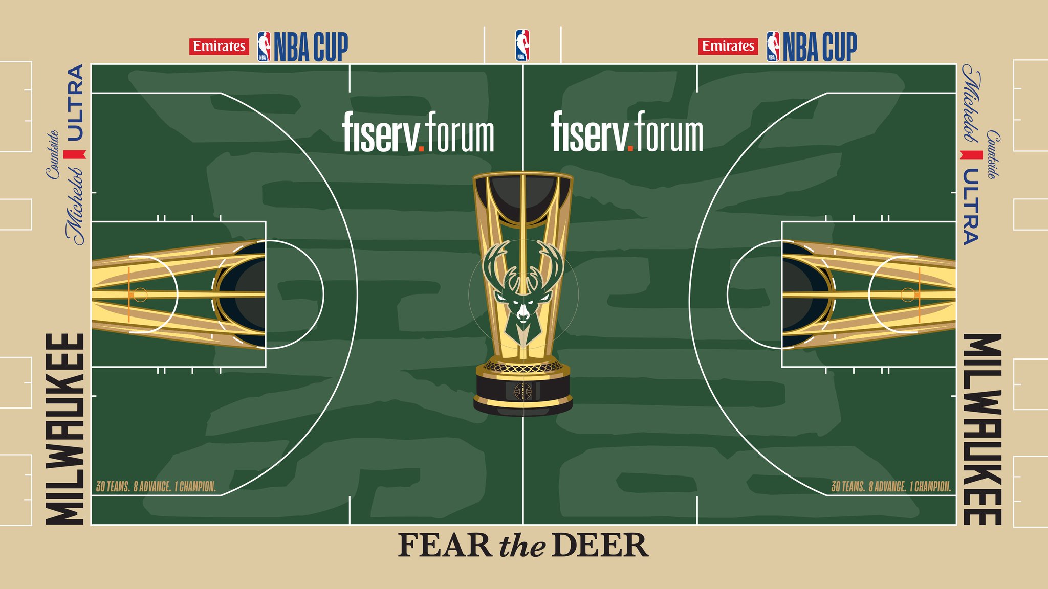 The Milwaukee Bucks 2026 Emirates NBA Cup court — deep-green floor with a cream apron, 'Fear the Deer' along the baseline and the Bucks logo inside the Cup trophy at center court.