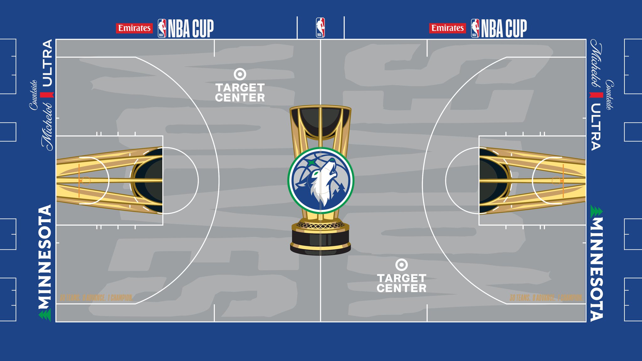 The Minnesota Timberwolves 2026 Emirates NBA Cup court — grey floor with a blue apron and the Timberwolves wolf logo inside the Cup trophy at center court.