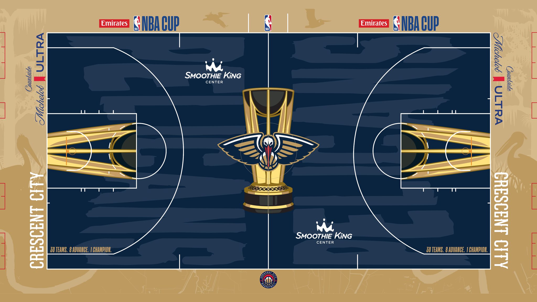 The New Orleans Pelicans 2026 Emirates NBA Cup court — navy floor with a tan apron, 'Crescent City' down the sidelines and the Pelicans fleur-de-lis inside the Cup trophy at center court.