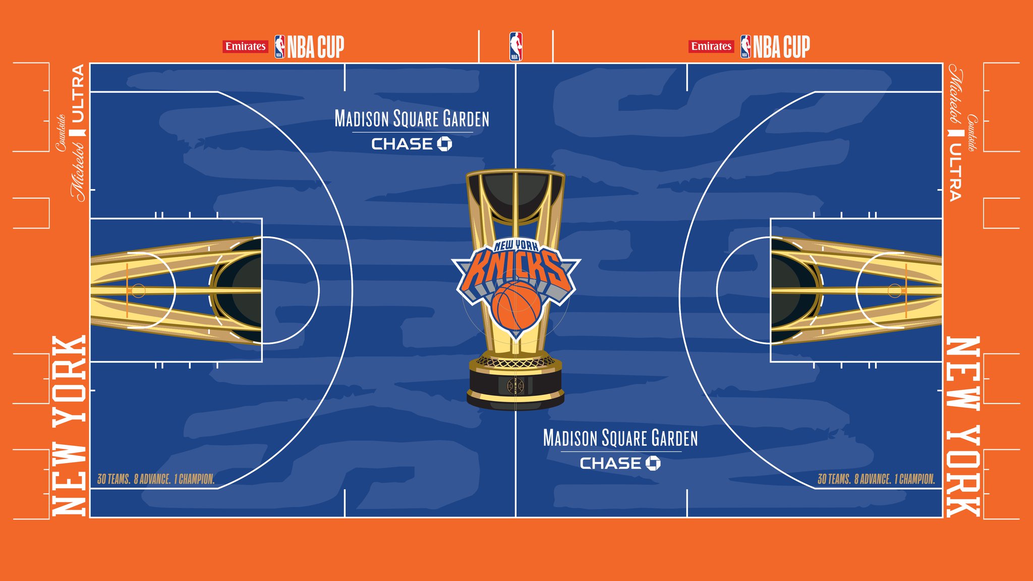 The New York Knicks 2026 Emirates NBA Cup court — blue floor with an orange apron and the Knicks logo inside the Cup trophy at center court.