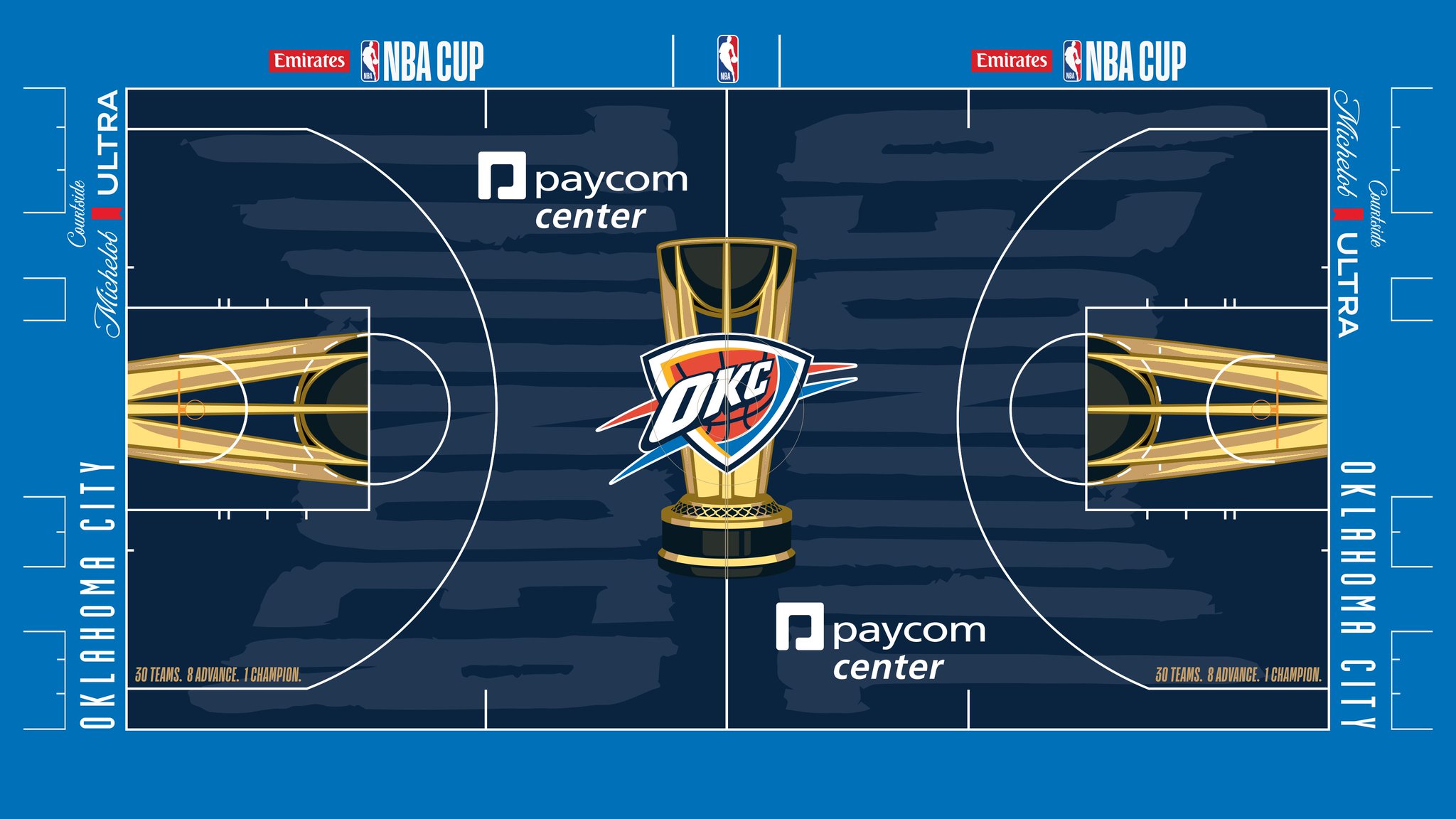 The Oklahoma City Thunder 2026 Emirates NBA Cup court — deep-navy floor with the Thunder shield logo inside the Cup trophy at center court.