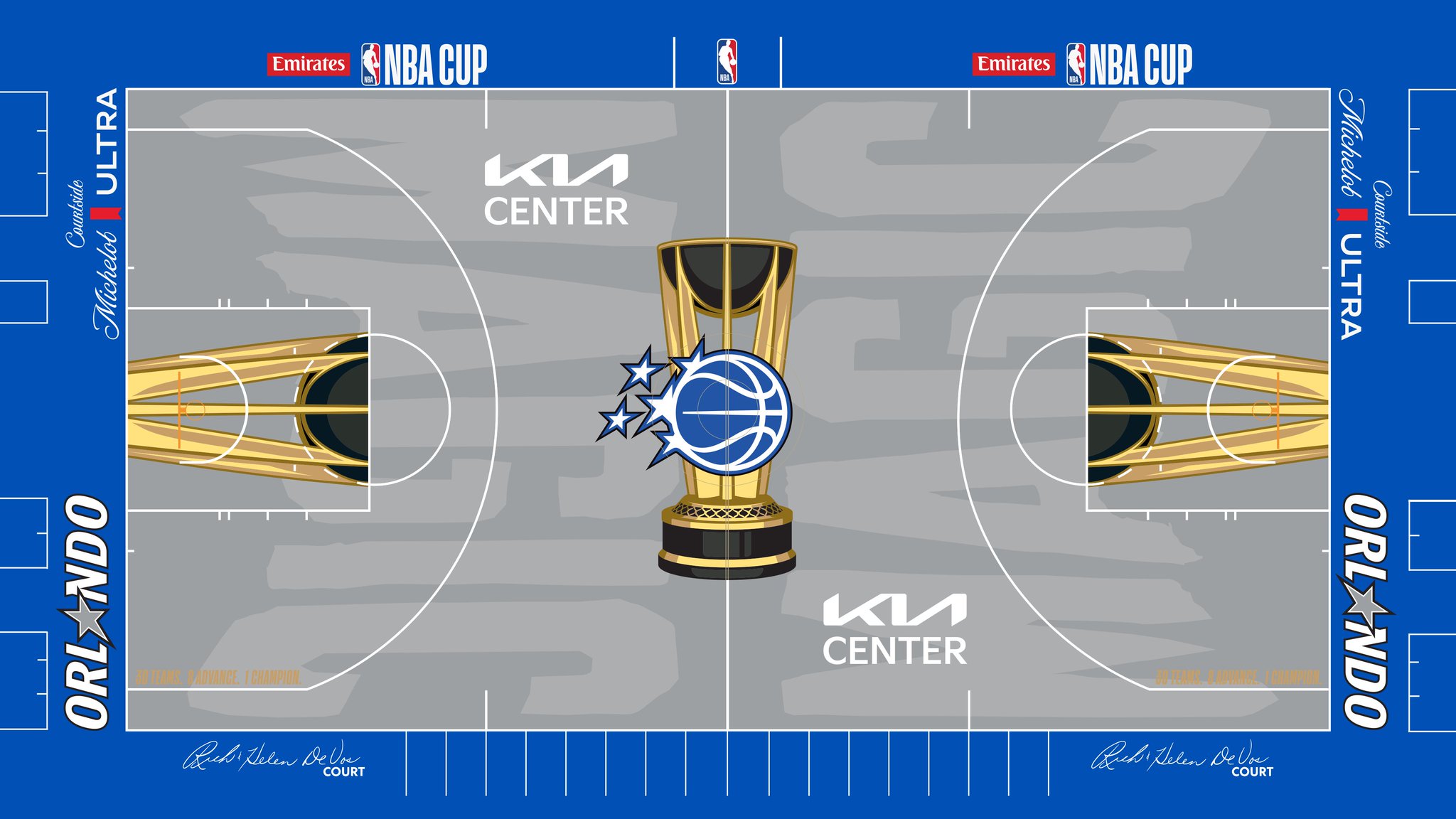 The Orlando Magic 2026 Emirates NBA Cup court — grey floor with a blue apron and the Magic logo inside the Cup trophy at center court.