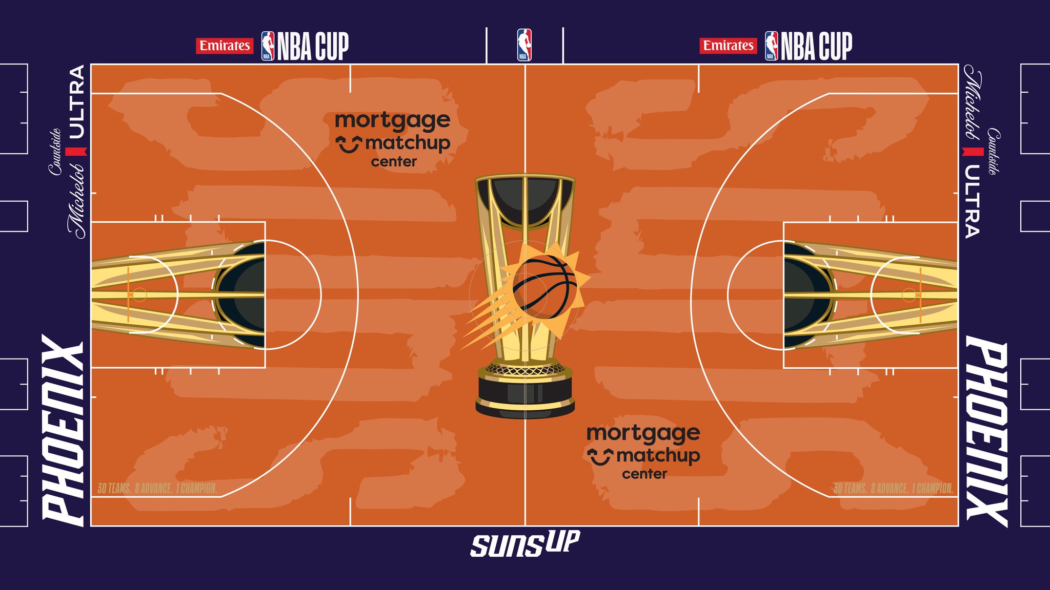 The Phoenix Suns 2026 Emirates NBA Cup court — all burnt-orange floor with purple trim, 'Suns Up' on the baseline and the Suns logo inside the Cup trophy at center court.