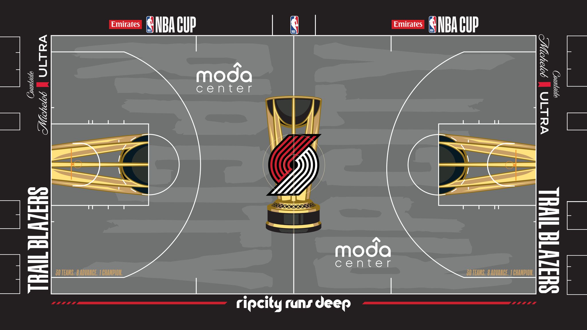 The Portland Trail Blazers 2026 Emirates NBA Cup court — near-black dark floor with the red pinwheel inside the Cup trophy at center court and 'Rip City Runs Deep' along the sideline.