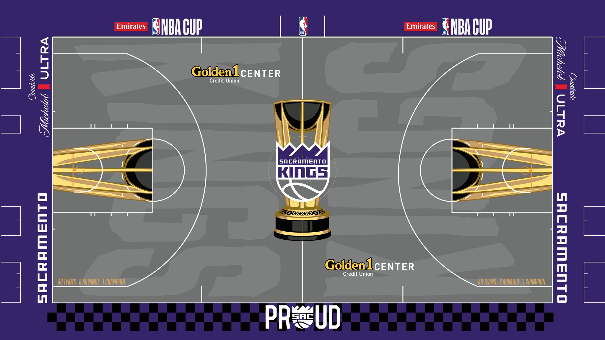 The Sacramento Kings 2026 Emirates NBA Cup court — grey floor with a purple apron and checkerboard baseline, the Kings logo inside the Cup trophy at center court.