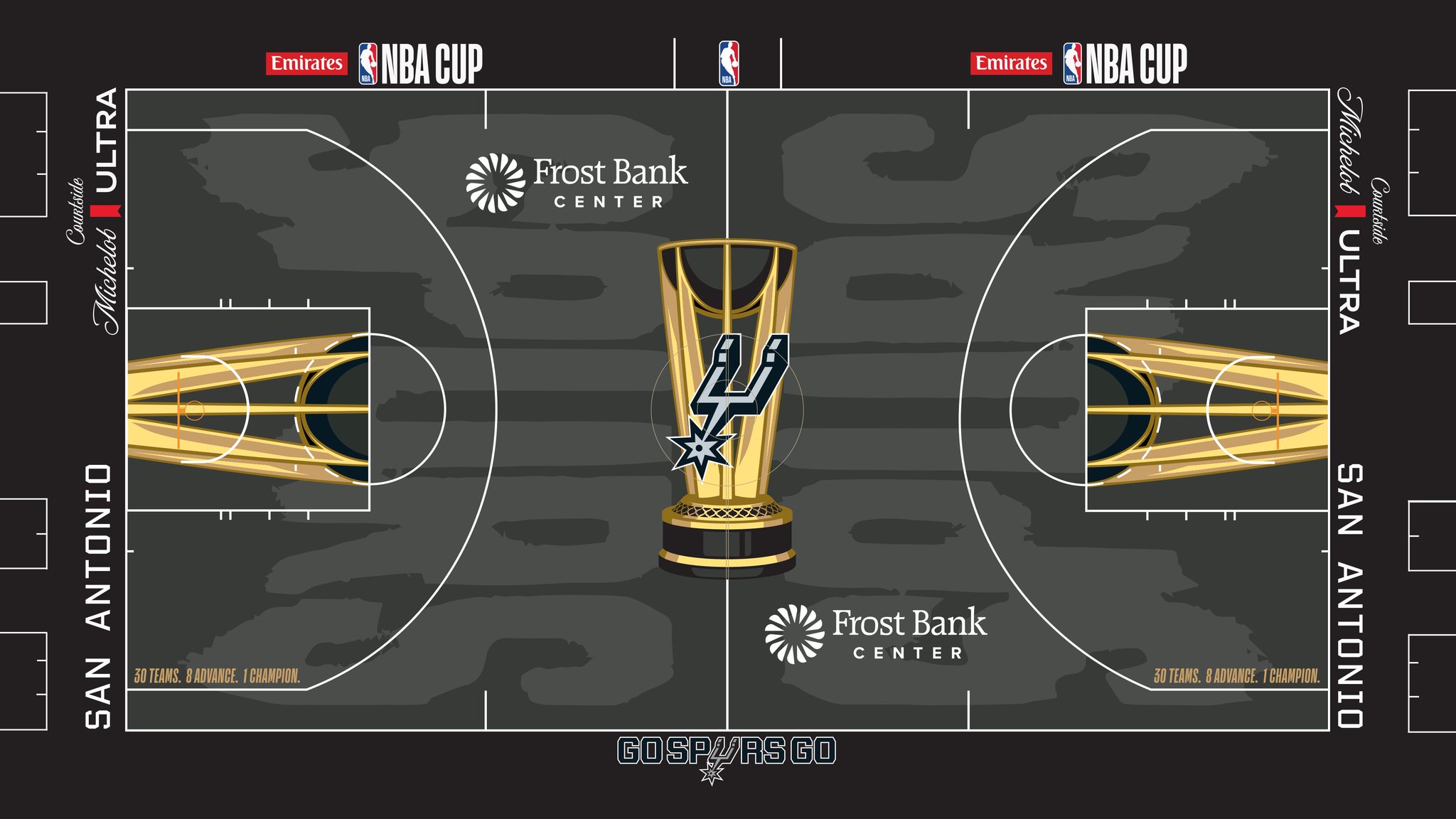 The San Antonio Spurs 2026 Emirates NBA Cup court — dark charcoal floor with the Spurs spur logo inside the Cup trophy at center court.