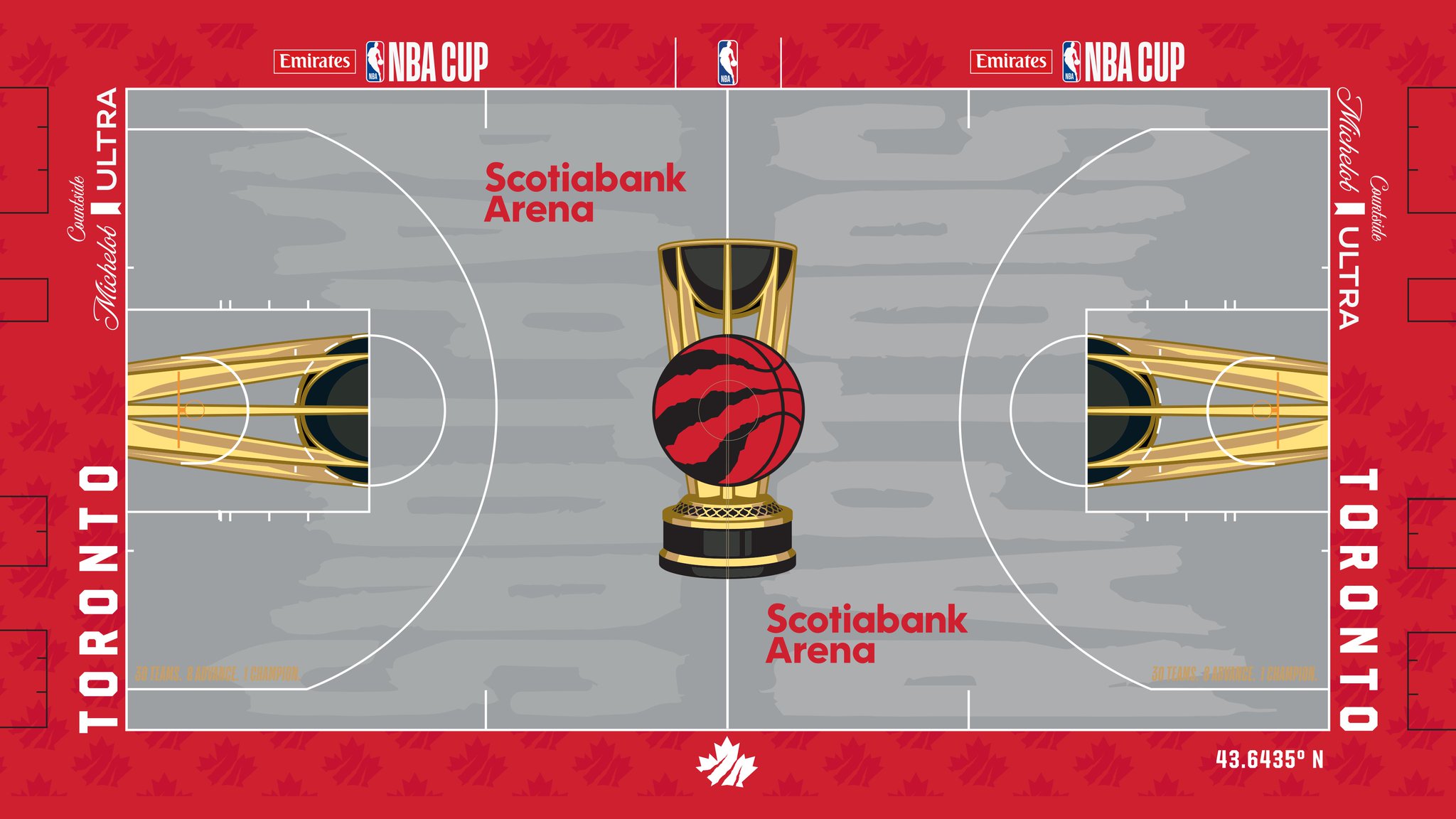 The Toronto Raptors 2026 Emirates NBA Cup court — grey floor with a red apron and the Raptors clawed-ball logo inside the Cup trophy at center court.