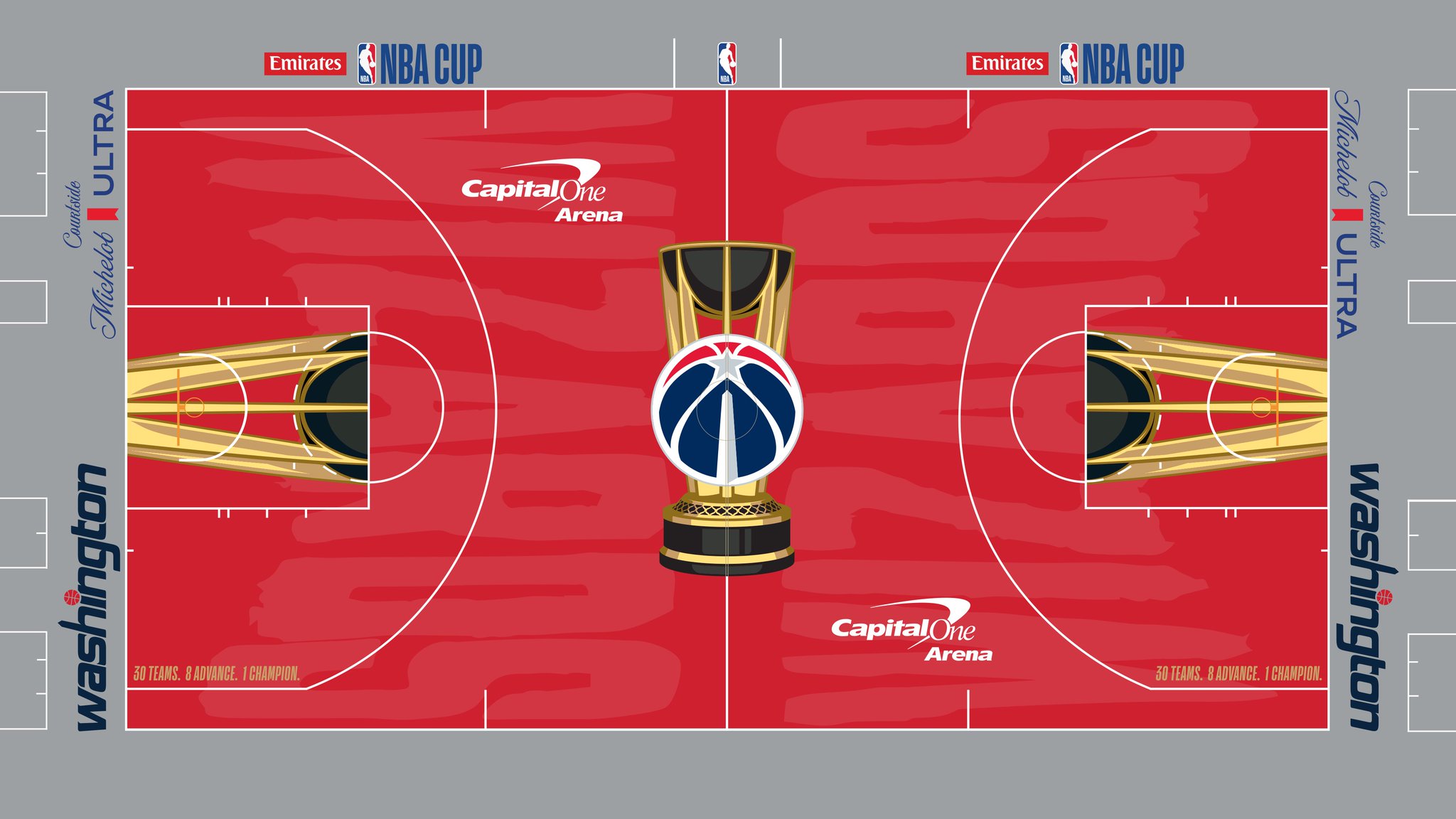 The Washington Wizards 2026 Emirates NBA Cup court — red floor with a grey apron and the Wizards logo inside the Cup trophy at center court.