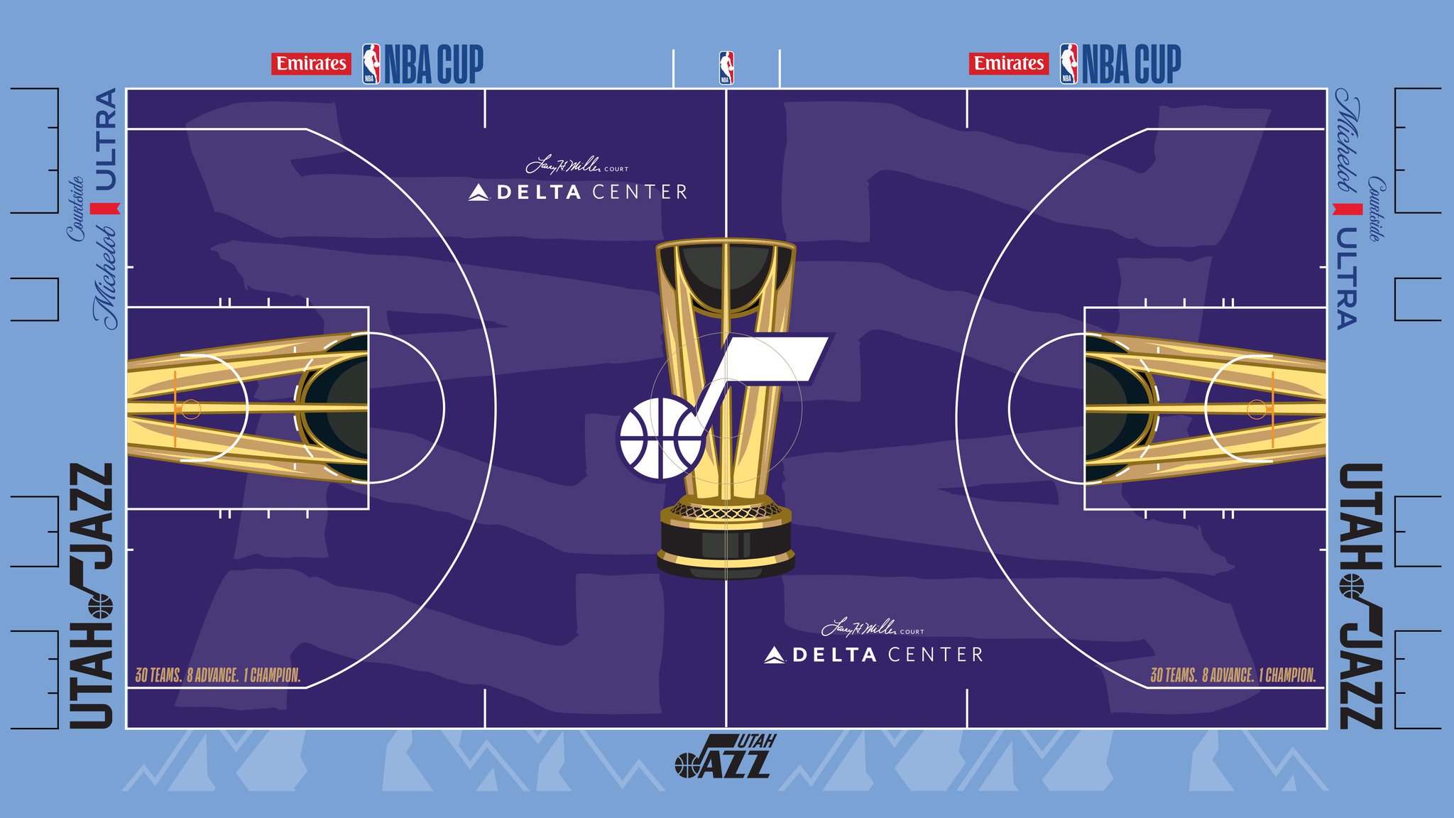 The Utah Jazz 2026 Emirates NBA Cup court — deep purple floor with a powder-blue apron and the Jazz music-note logo inside the Cup trophy at center court. Our No. 1 court.