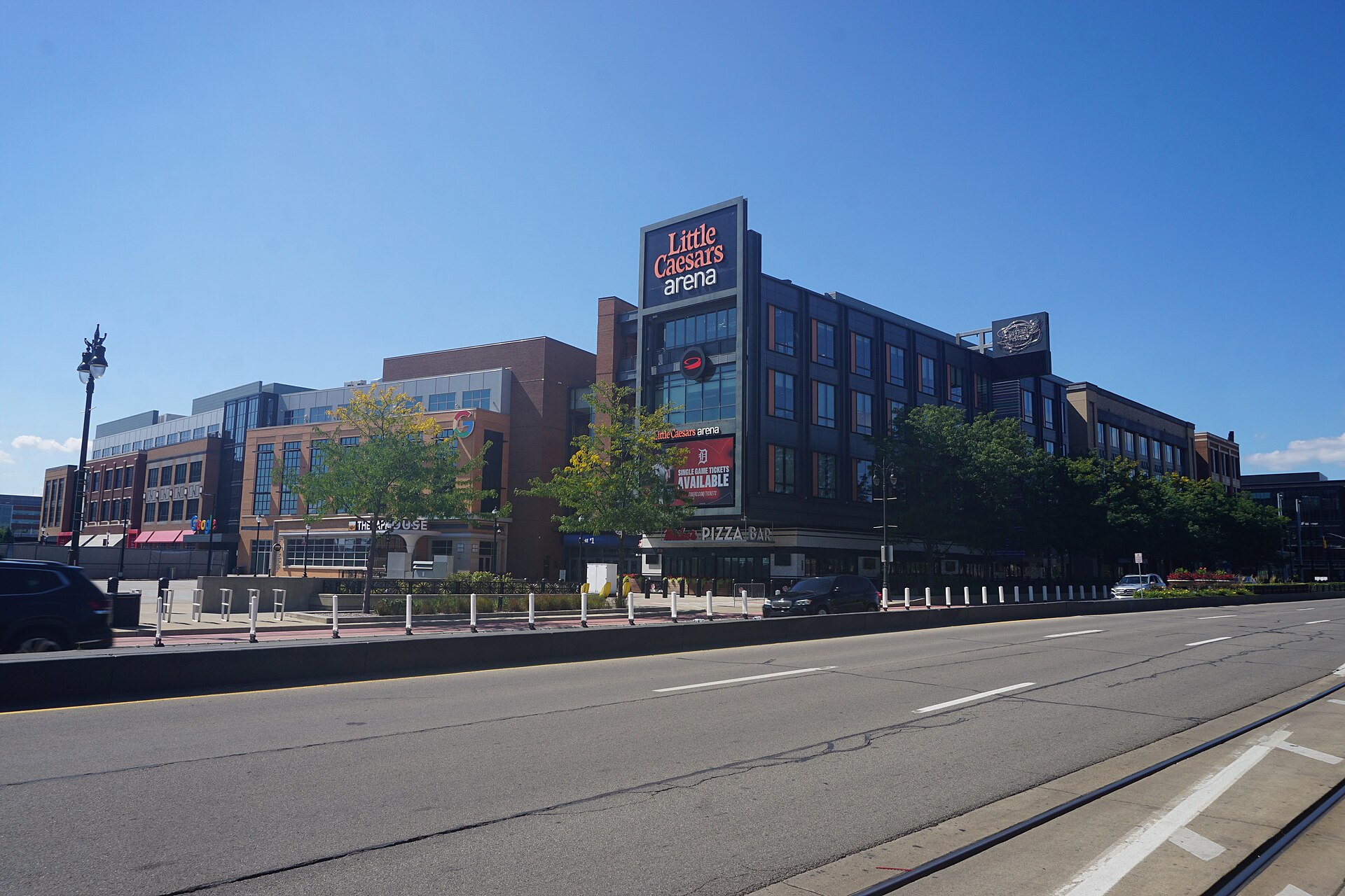 Little Caesars Arena in Detroit on a bright day, site of the Pistons’ 109-107 comeback win over the Suns