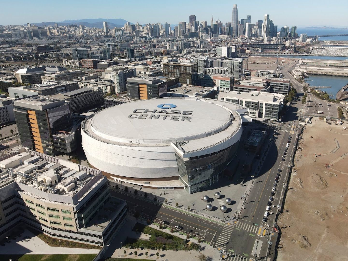 Chase Center in San Francisco on a bright day, site of the Warriors’ 124-98 win over the Lakers