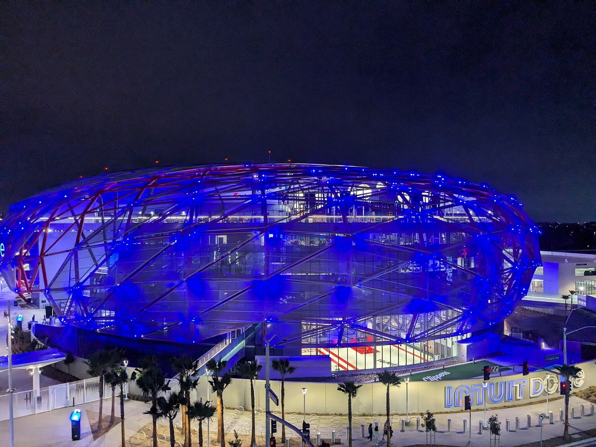 The Intuit Dome in Inglewood, home of the LA Clippers, lit up at night