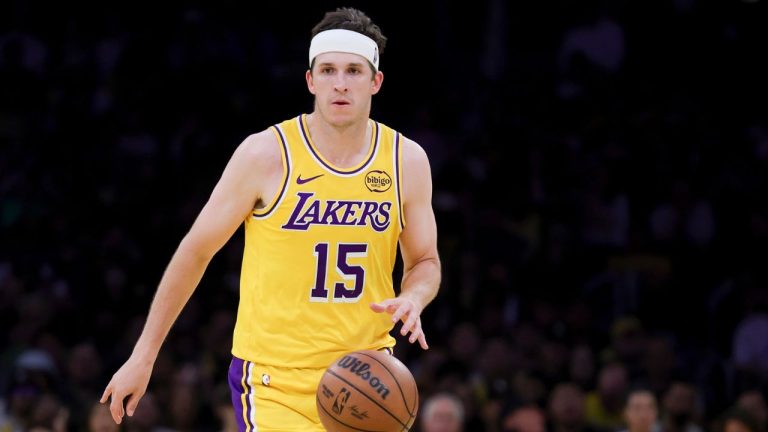 Austin Reaves in a Los Angeles Lakers uniform