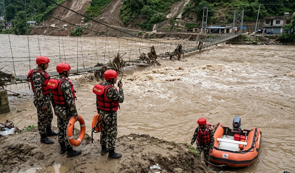 Nepal Army rescue personnel with a rescue boat beside a collapsed bridge over the flooded Bhote Koshi in Nepal