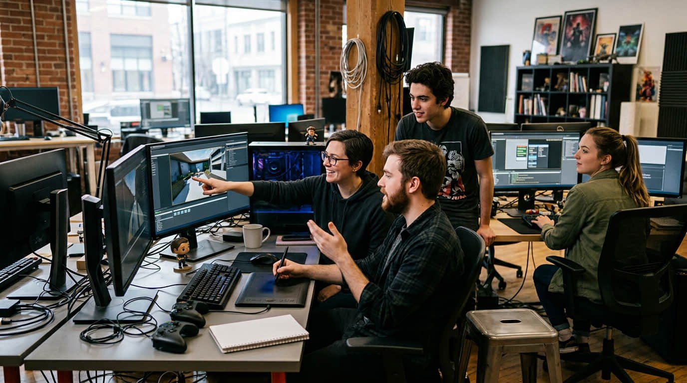 Game developers working together in a studio