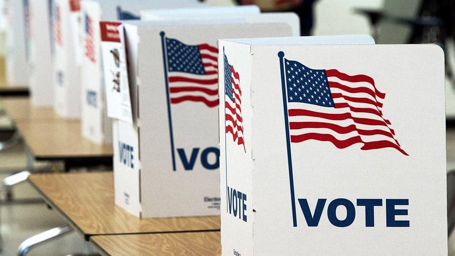 Voting booths lined up with American flag graphics at a polling place