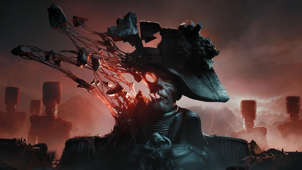 Key art for Valor Mortis: a plague-twisted undead Napoleonic soldier against a burning red sky