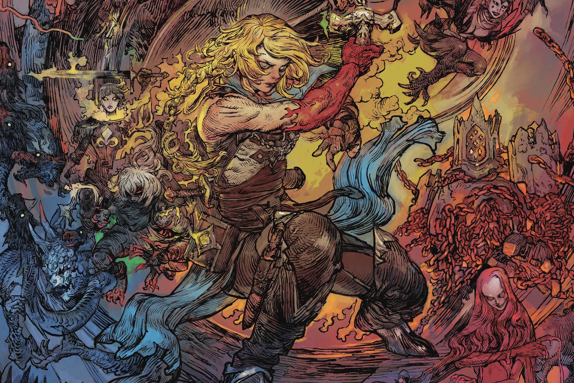 Castlevania: Belmont's Curse key art: Trevor Belmont wielding the Vampire Killer whip among monsters