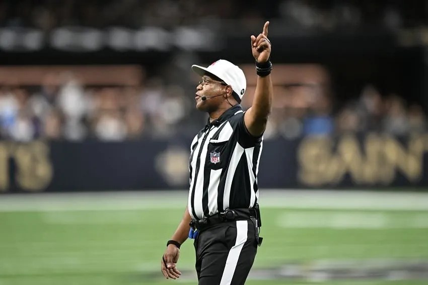 An NFL official in stripes on the field during a game.