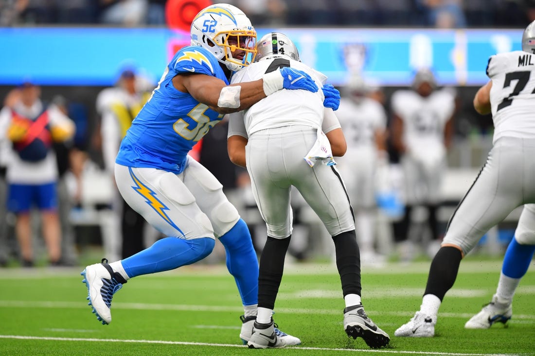 Chargers outside linebacker Khalil Mack sacking the quarterback during a game