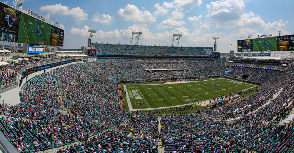 EverBank Stadium in Jacksonville on a bright game day, packed with fans.