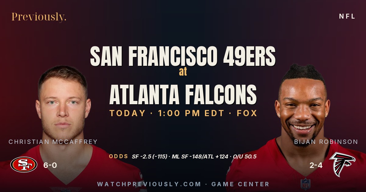 Previously matchup graphic: Christian McCaffrey of the San Francisco 49ers opposite Bijan Robinson of the Atlanta Falcons