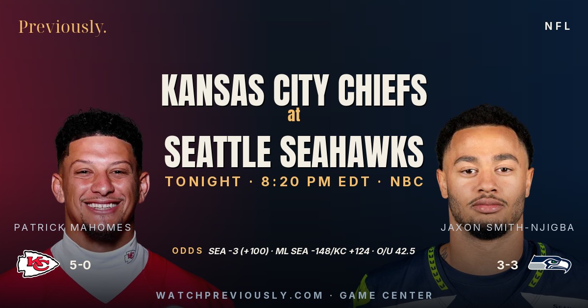Previously matchup graphic: Patrick Mahomes of the Kansas City Chiefs opposite Jaxon Smith-Njigba of the Seattle Seahawks, records 5-0 and 3-3, with the odds strip from Previously's board for Sunday Night Football at Lumen Field on October 25, 2026