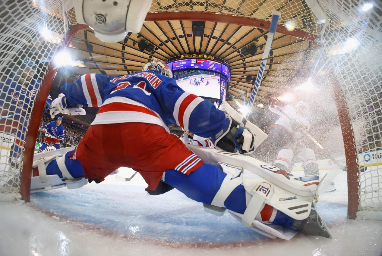 New York Rangers goaltender Igor Shesterkin guards the crease — he left Friday's 3-1 loss at Washington with a lower-body injury and did not return.