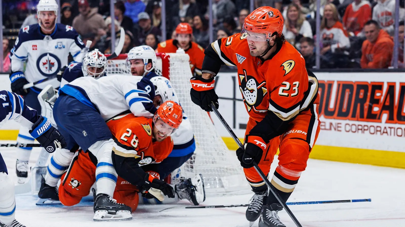 Anaheim Ducks battle the Winnipeg Jets — the Ducks won 5-1 in Winnipeg on Friday with their fourth line doing the damage.