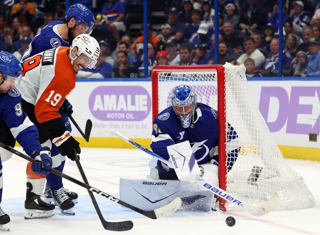 Tampa Bay Lightning goaltender Andrei Vasilevskiy defends the net against the Philadelphia Flyers — the Lightning led 2-1 at the start of the third period Monday night.