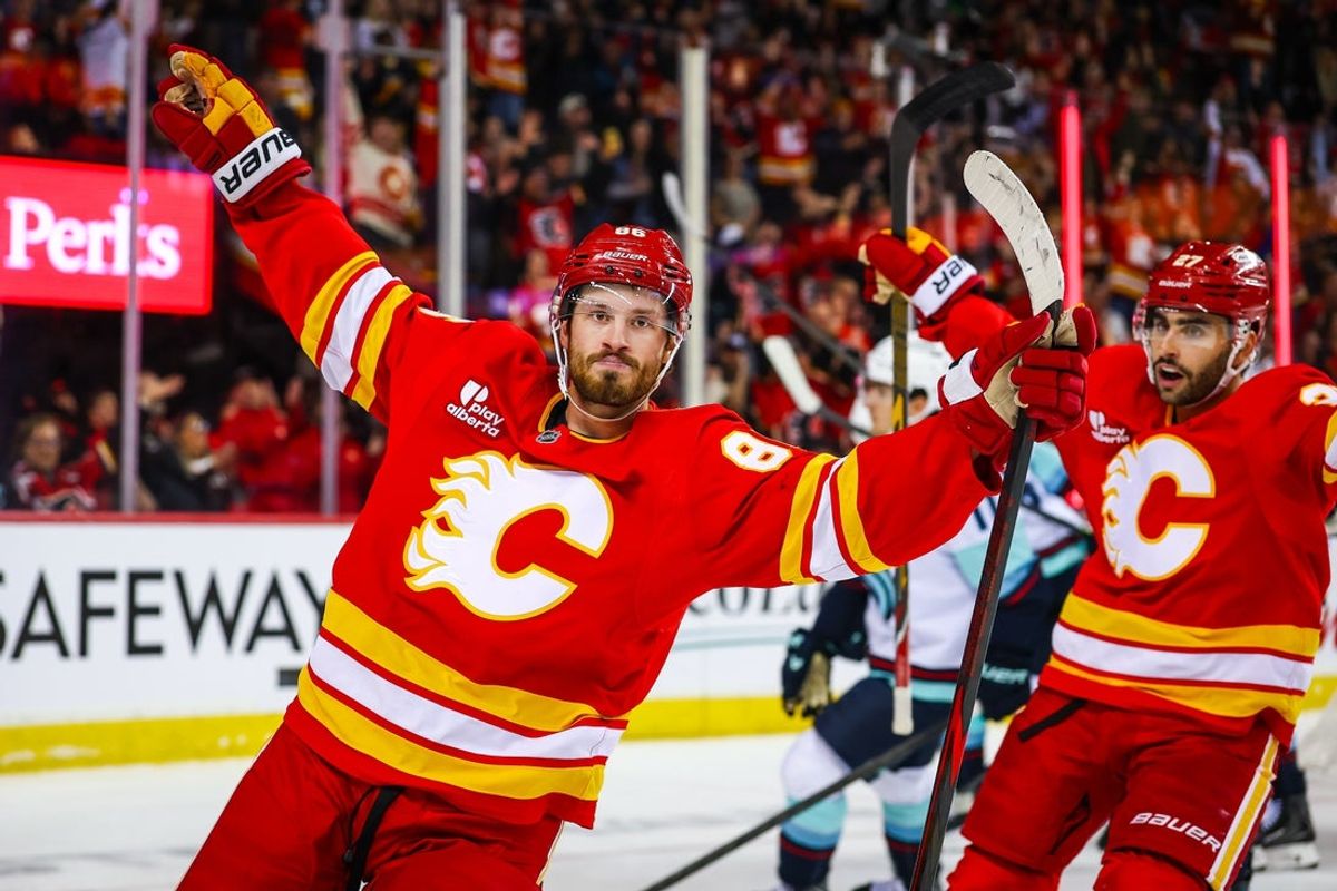 Calgary Flames left wing Joel Farabee celebrates his goal against the Seattle Kraken at Scotiabank Saddledome on October 30, 2026