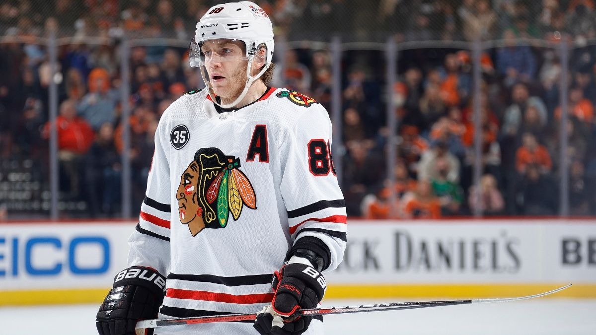 Patrick Kane in a Chicago Blackhawks uniform — his Blackhawks visit the Islanders on Thursday night, hours after New York lost Alexander Romanov to a torn ACL.